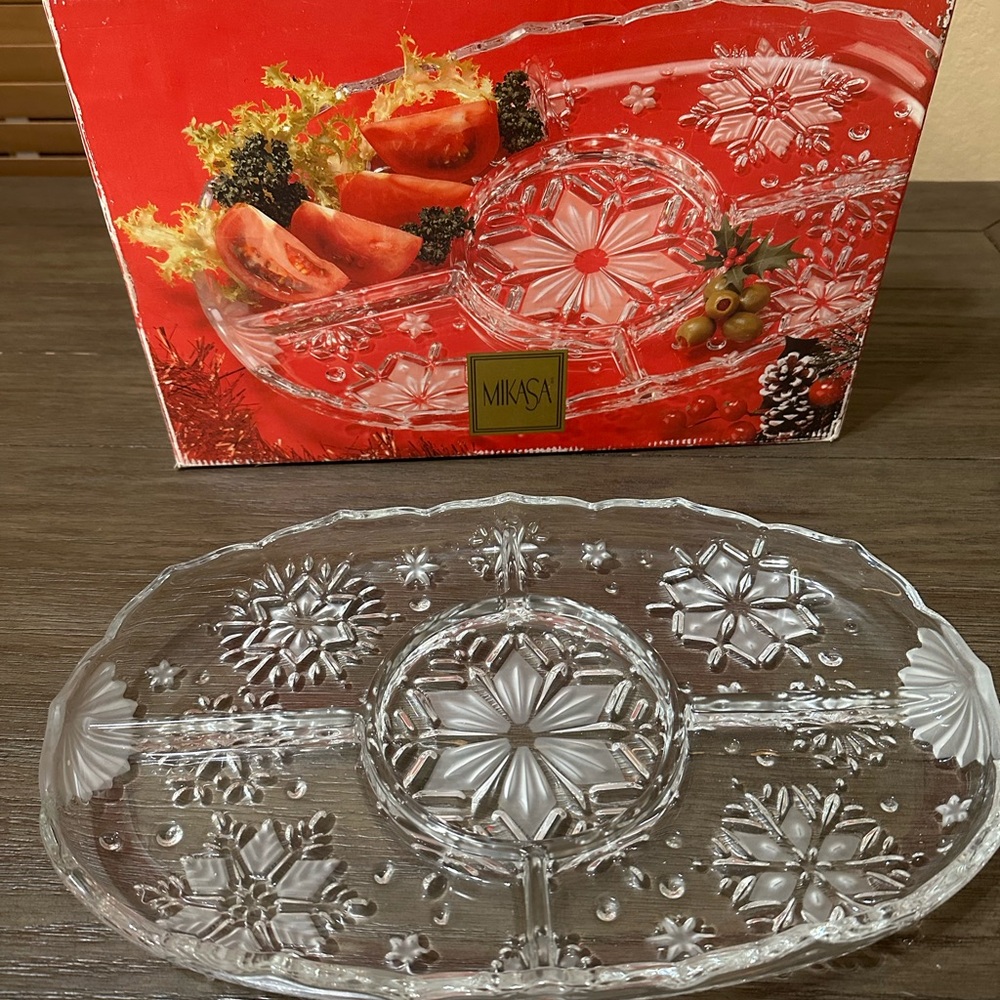 Mikasa Clear Snowflake Frost Glass Divided Relish Dish Vintage